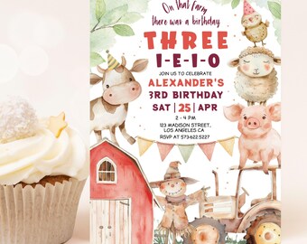 May include: A watercolor-style invitation for a farm-themed birthday party. The invitation features a red barn, a tractor, a scarecrow, a cow, a pig, a sheep, and a chick. The text on the invitation reads "On that farm there was a birthday THREE 1-E-1-0 JOIN US TO CELEBRATE ALEXANDER'S 3RD BIRTHDAY SAT 25 APR 2-4 PM 123 MADISON STREET, LOS ANGELES CA RSVP AT 573-622.5227".