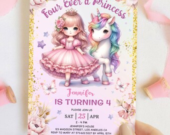 Inbjudan till födelsedag med prinsessa och enhörning: Redigerbar mall för prinsessornas tema, digital nedladdning