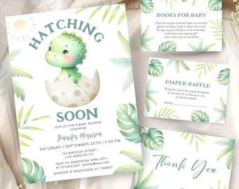 Dinosaur Baby Shower Invitation Bundle: Hatching Soon, Dino Theme  Editable Template, Digital Download