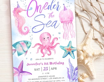 Oneder the Sea Birthday Invitation: Pink Ocean Animals Editable Template, Digital Download