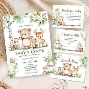 Ensemble modifiable d'invitations pour baby shower des bois, pack d'invitations pour baby shower sur le thème des animaux de la forêt, modèle imprimable, téléchargement immédiat BSI123