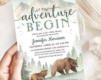 Let The Adveture Begin Woodland Baby Shower, Mountain Forest Bear Themed, Editable Template (Digital Download)