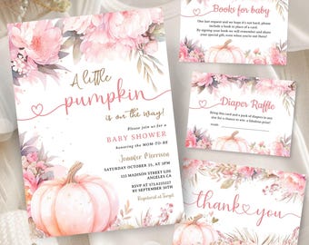 Pink Pumpkin Baby Shower Invitation Bundle: Fall Theme Editable Template, Digital Download