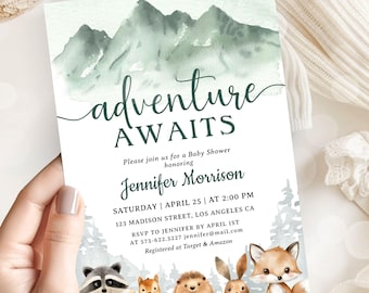 Adventure Awaits Baby Shower Invitation, Woodland Forest Animals Themed, Editable Template (Digital Download)