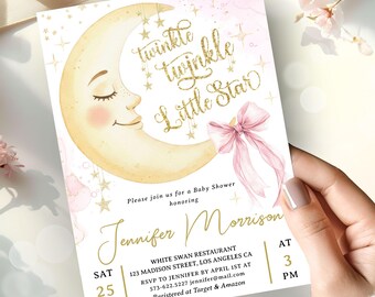 Twinkle Little Star Baby Shower Invitation Girl, Pink Stars Sleepy Moon Themed, Editable Template (Digital Download)