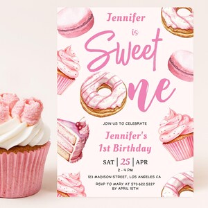 EDITABLE Sweet One Invitation Girl,Donut 1st Birthday Party Invite,Pink Pastel Sweet Dessert Candy Printable Template,Instant Download BKI85