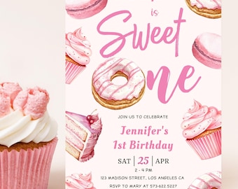 Sweet One Donut Birthday Invitation Girl: Pink Dessert Cakes Theme Editable Template, Digital Download