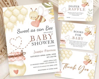 Zestaw zaproszeń na baby shower z motywem pszczół: Szablon do edycji, neutralny pod względem płci, motyw pszczół, do pobrania cyfrowego