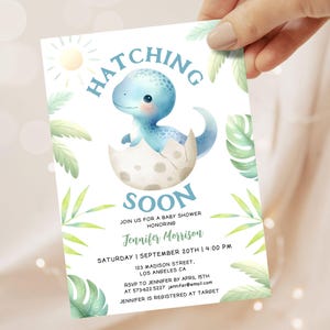 EDITABLE Dinosaur Baby Shower Invitation Boy,Hatching Soon Invite,Jurassic Dino Themed Printable Digital Template,Instant Download BSI31