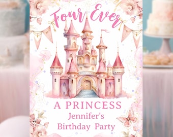 Vier überhaupt eine Prinzessin Willkommensschild: Pink Castle Geburtstagsdekor Bearbeitbare Vorlage, digitaler Download