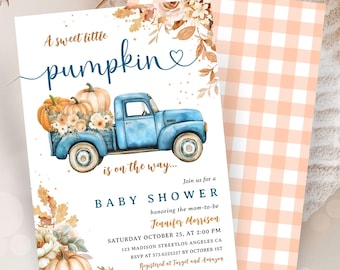 Blue Pumpkin Truck Baby Shower Invitation: Boy Fall Theme Editable Template, Digital Download