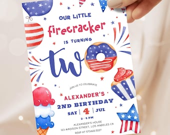 4. Juli Geburtstagseinladung: Kleiner Feuerwerkskörper, Vaterländische USA Bearbeitbare Vorlage, Digital Download