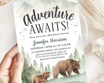 Adventure Awaits Baby Shower Invitation, Woodland Animals Themed, Editable Template (Digital Download)