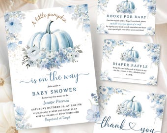 May include: Baby shower invitation set featuring a light blue pumpkin and floral design. The invitation reads "A little pumpkin is on the way" with event details. Includes cards for books, diaper raffle, and thank you notes. The set is decorated with watercolor flowers.