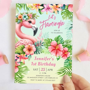 EDITABLE Flamingo Birthday Party Invitation Girl,Tropical Flamingo 1st Birthday Invite,Pink Summer Printable Template,Instant Download BKI89