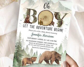 Let The Adveture Begin Woodland Boy Baby Shower, Bear Forest Animals Themed, Editable Template (Digital Download)