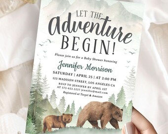 Let The Adveture Begin Woodland Baby Shower, Bear Forest Animals Themed, Editable Template (Digital Download)