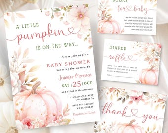 Pink Little Pumpkin Baby Shower Invitation Bundle: Fall Theme Editable Template, Digital Download