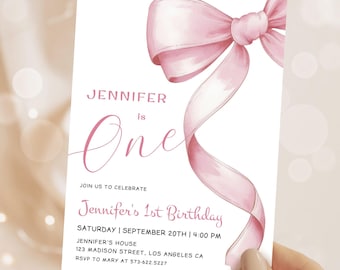 Pink Bow 1st Birthday Invitation: Coquette Ribbon Theme Editable Template, Digital Download