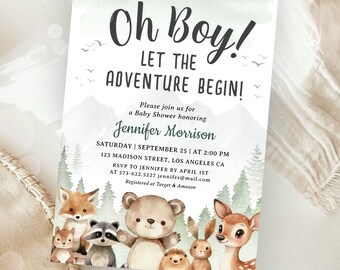 Let The Adveture Begin Woodland Baby Shower Boy, Forest Animals Themed, Editable Template (Digital Download)