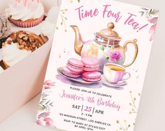 Tea Party 4th Birthday Invitation: Pink Gold Floral Garden Editable Template, Digital Download