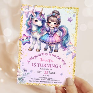 Princess Unicorn Birthday Invitation: Girl Magical Fairy Editable Template, Digital Download