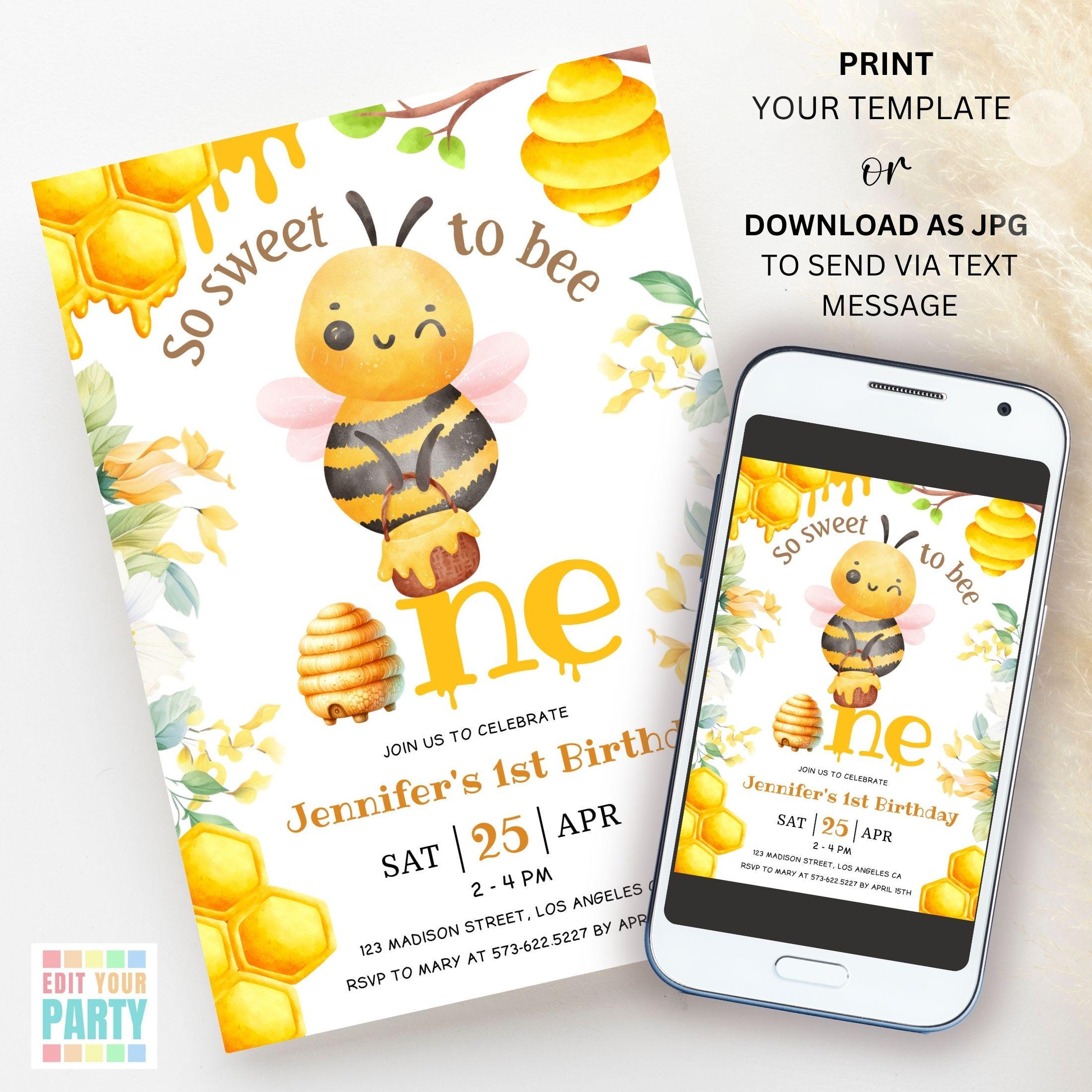 Bee 1st Birthday Invitation Girl: Sweet Bumble Bee Party Editable ...