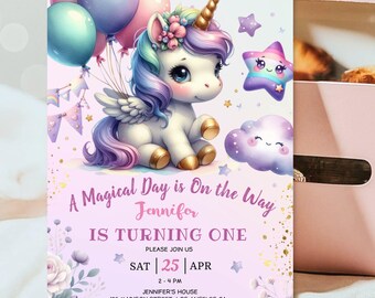 Unicorn Birthday Invitation: Rainbow Pastel Fairytale Party Editable Template, Digital Download