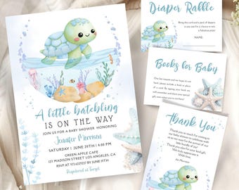 May include: A baby shower invitation with a cute cartoon sea turtle on a blue and green background. The invitation says "A little batchling is on the way" and includes the date, time, and location of the shower. It also includes a thank you card with a sea turtle and the text "Thank you".
