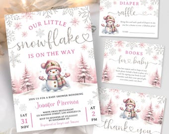 May include: Baby shower invitation set with a winter theme. The main invitation features a snowman illustration, pink trees, and the text "Our Little Snowflake Is On The Way." Includes diaper raffle, book request, and thank you cards.