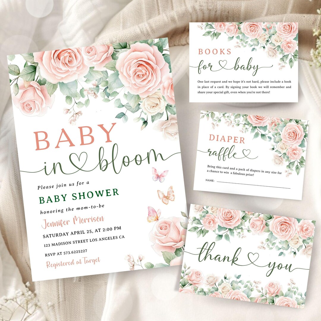 Pink Rose Baby Shower Invitation Bundle: Floral Theme Editable Template ...
