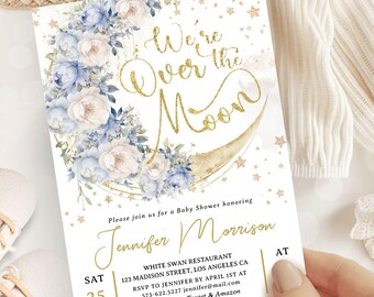 Over The Moon Baby Shower Invitation Boy, Blue Moon Stars Baby Shower Invite, Editable Template (Digital Download)