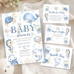 Under the Sea Baby Shower Invitation Bundle: Ocean Animals Theme Editable Template, Digital Download