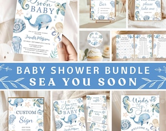 Sea You Soon Baby Shower Invitation BUNDLE,Under The Sea Baby Shower Invite Set, Boy Blue Ocean Animals,Editable Template Digital Download