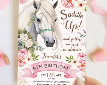 Horse Birthday Invitation Girl: Saddle Up Theme Pink Pony Party, Editable Template, Digital Download