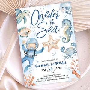 Oneder the Sea Birthday Invitation: Blue Ocean Animals Theme Boy Party, Editable Template, Digital Download