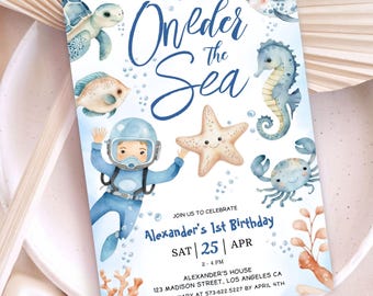 Oneder the Sea Birthday Invitation Boy, Blue Ocean Animals First Party, Editable Template (Digital Download)