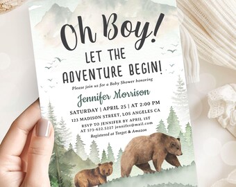 Let The Adveture Begin Woodland Baby Shower Boy, Bear Forest Animals Themed, Editable Template (Digital Download)