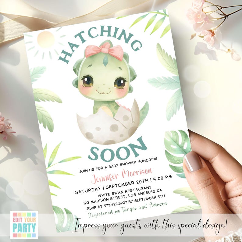 Dinosaur Baby Shower Invitation Bundle: Hatching Soon, Girl Dino Theme ...