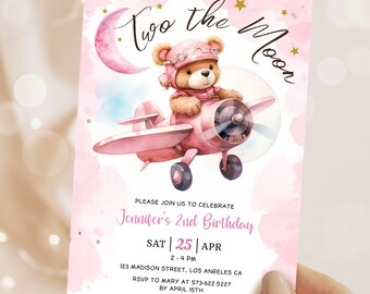 Two The Moon Birthday Invitation Girl: Pink Galaxy Space Theme Party Editable Template, Digital Download