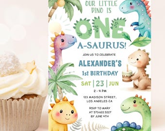 Convite de aniversário de dinossauro, tema One A-saurus, convite para festa de dinossauro, modelo editável, download digital