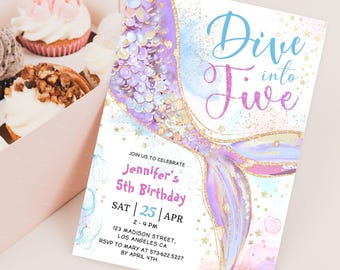 Mermaid Birthday Invitation: Dive Into Five Theme, Under The Sea Party Editable Template, Digital Download