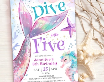 Mermaid Birthday Invitation: Dive Into Five, Under the Sea Party Editable Template, Digital Download