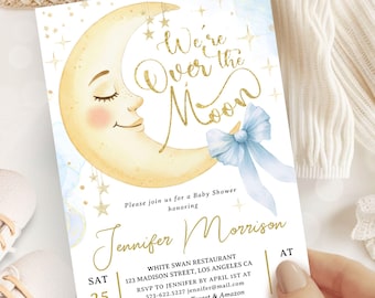 Were Over The Moon Baby Shower Invitation Boy, Blue Sleepy Moon Themed Baby Shower Invite, Editable Template (Digital Download)