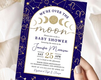 Over The Moon Baby Shower Invitation Boy, Navy Blue Celestial Moon and Stars Themed,Editable Template (Digital Download)