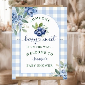 Cartello di benvenuto per baby shower con mirtilli MODIFICABILE, tema: dolci frutti di bosco, decorazioni per feste a quadretti blu per bambini, modello stampabile, download immediato BSI128