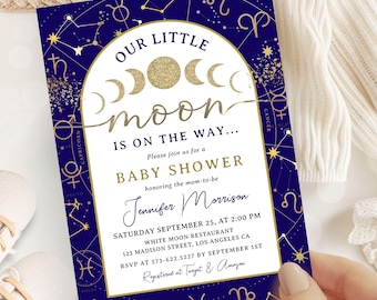 Celestial Moon Baby Shower Invitation Boy, Our Little Moon Is On The Way, Navy Blue & Gold, Editable Template (Digital Download)