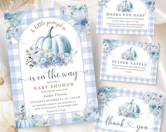 Blue Pumpkin Baby Shower Invitation Bundle: Fall Themed Editable Template, Digital Download