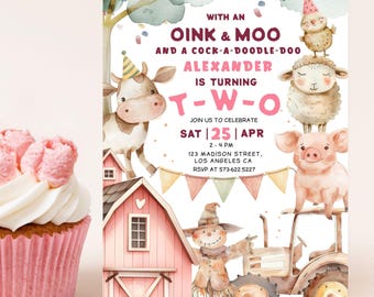 Pink Farm Birthday Invitation: Barnyard Animals Party Theme, Editable Template, Digital Download