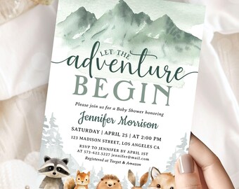 Let The Adveture Begin Woodland Baby Shower Editable Template (Digital Download)